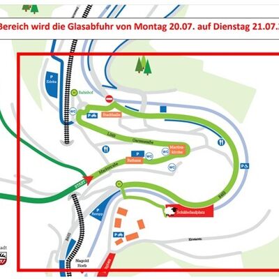 Bild vergr&ouml;&szlig;ern: Plan der Kernstadt Wildberg mit der Strecke des Sch&auml;ferlaufs und dem Bereich der Verlegung der Glasabfuhr.