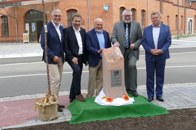 Bild vergr&ouml;&szlig;ern: Als Symbol f&uuml;r ein wachsendes Mittelsachsen wurde anl&auml;sslich des zehnj&auml;hrigen Jubil&auml;ums des Landkreises Mittelsachsen eine japanische Nelkenkirsche neben einer Stele aus Rochlitzer Porphyr gepflanzt. 